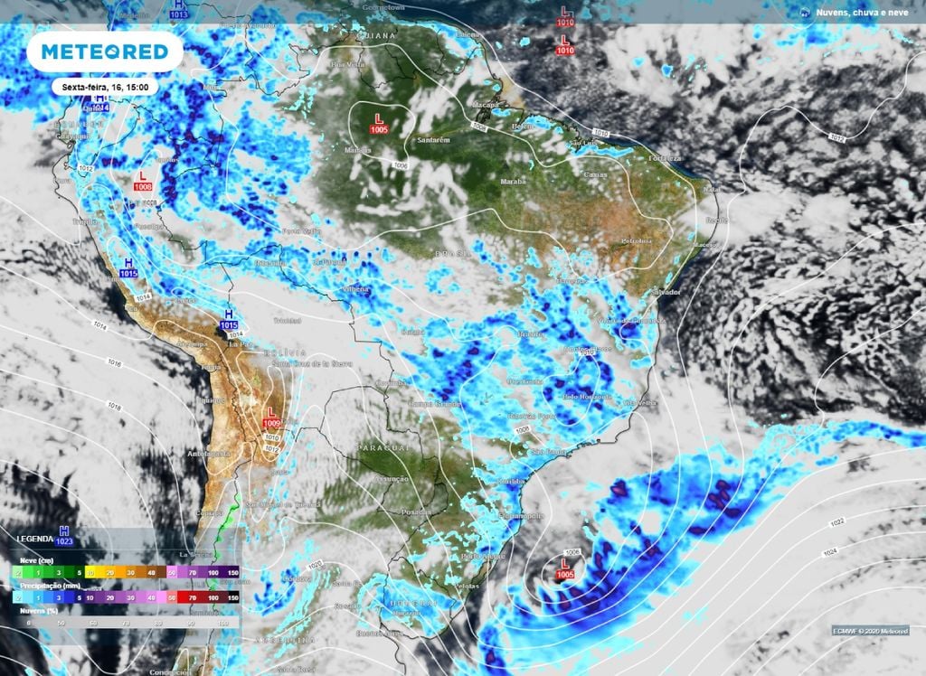 Nebulosidade e precipitação Previsão de chuvas, nebulosidade e a localização do ciclone extratropical por meio das isóbaras para a tarde deamanhã (16)