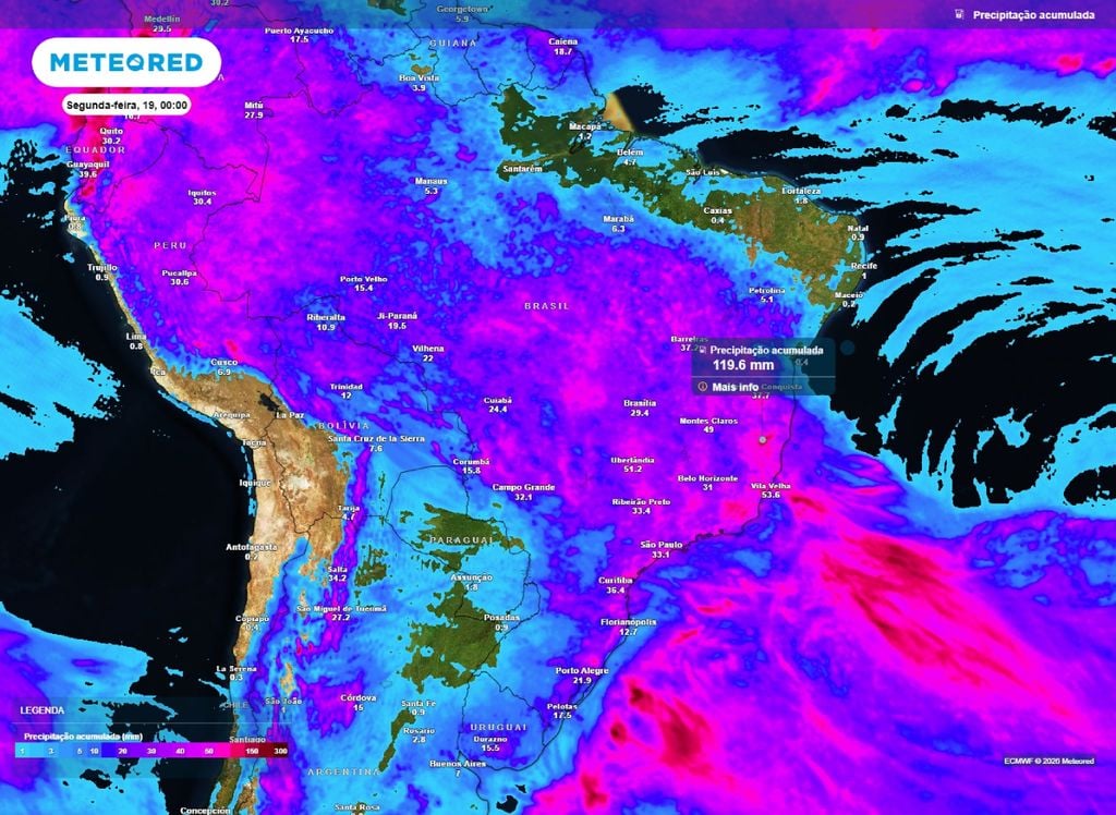 Acumulado de chuva Precipitação acumulada entre sexta (16) e domingo (18).