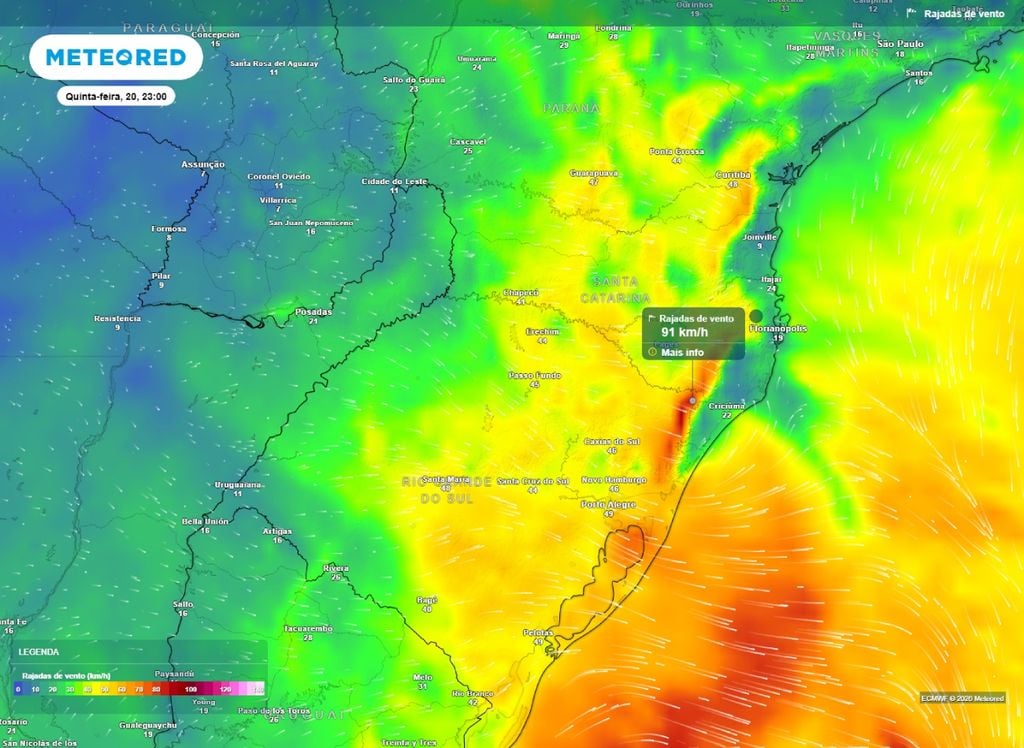 Rajadas de vento, noite. Ventos ganham intensidade durante a noite e podem superar os 90 km/h nas áreas serranas, de acordo com o modelo ECMWF.
