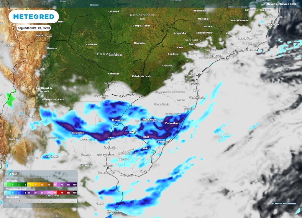 tempestades e granizo Previsão de chuva e nebulosidade para a madrugada da segunda-feira, 28 de setembro.