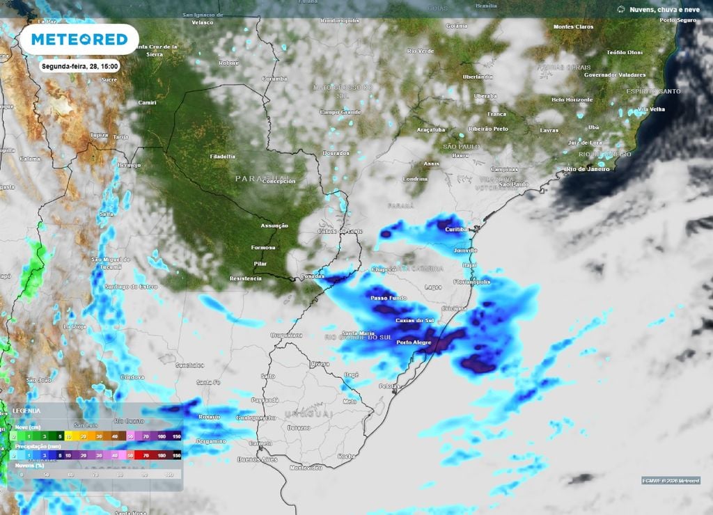 tempestades severas Previsão de chuva e nebulosidade para o fim da manhã da segunda-feira, 28 de setembro.