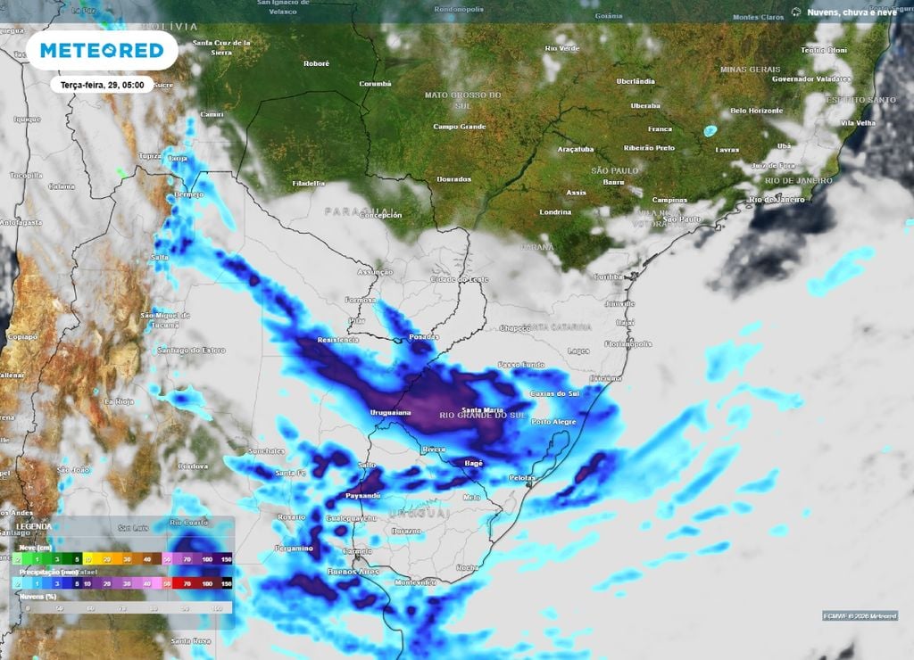 Previsão de chuva e nebulosidade para a madrugada da terça-feira, 29 de setembro.