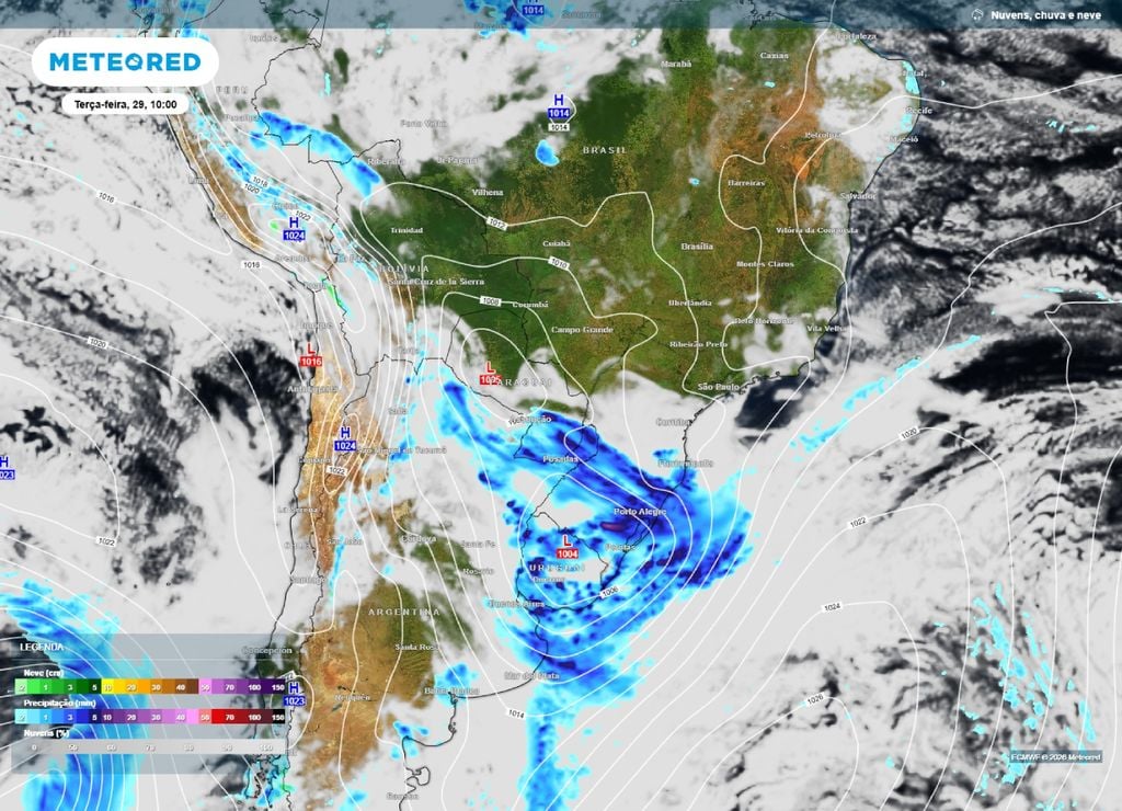 ciclone e tempestades Previsão de chuva, nebulosidade e pressão para a manhã da terça-feira, 29 de setembro.