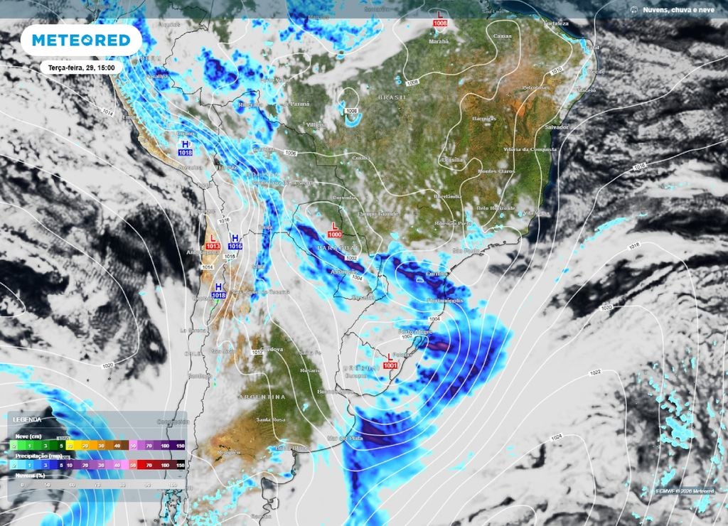 previsão do tempo Previsão de chuva, nebulosidade e pressão para a tarde da terça-feira, 29 de setembro.