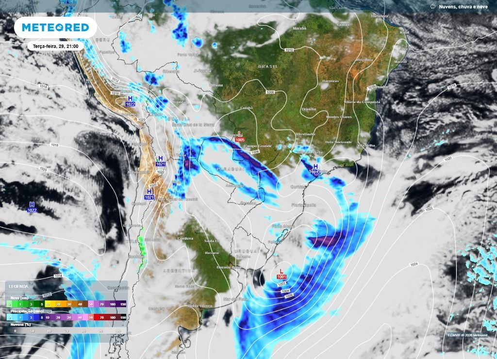 ciclone e frente fria Previsão de chuva, nebulosidade e pressão para a noite da terça-feira, 29 de setembro.