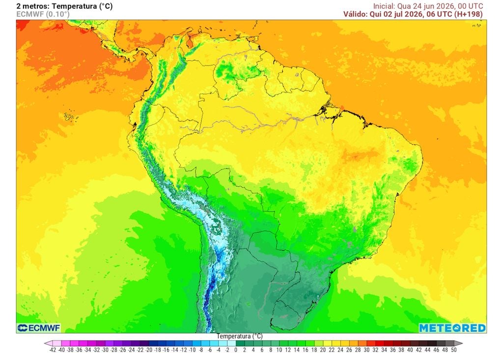 Previsão de temperaturas mínimas na quinta-feira da semana que vem (2 de Julho) mostra frio intenso na região Sul, com possibilidade de temperaturas negativas (pontos esbranquiçados).