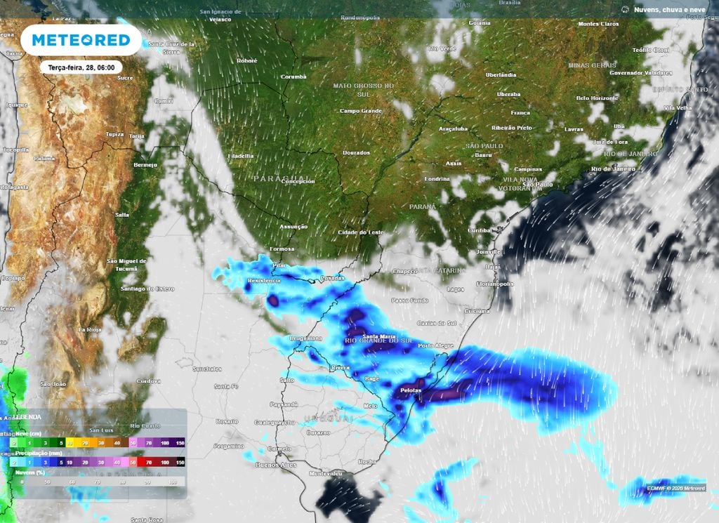 Mapa de nebulosidade e precipitação. Mapa mostra a presença de nuvens carregadas sobre o Sul do Brasil e a previsão de chuvas intensas sobre o centro e sul gaúcho.