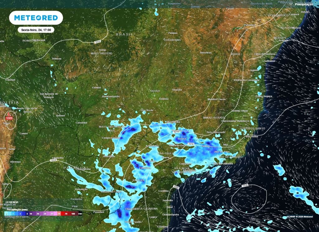 Precipitação e pressão a nível médio do mar. Mapa mostra a previsão de chuvas para o Sudeste e Centro-Oeste do Brasil nesta sexta-feira (24).