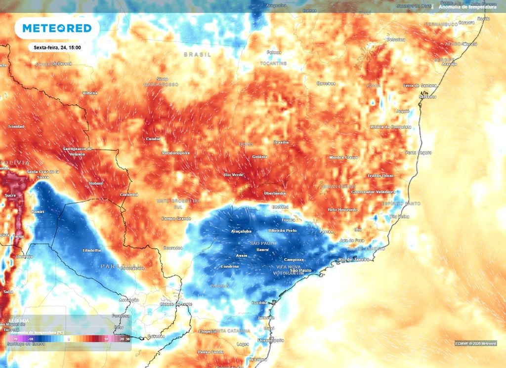 Anomalia de temperatura. Anomalia de temperatura mostra ar frio sobre áreas de São Paulo, Minas Gerais e Mato Grosso do Sul.