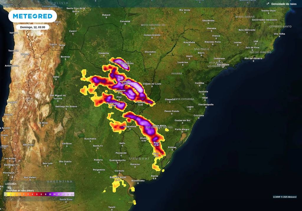 Previsão de tempestades neste domingo (12), de acordo com o ECMWF.