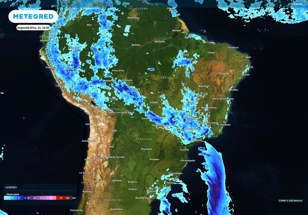 Previsão de chuva na próxima segunda-feira (13), de acordo com o ECMWF.