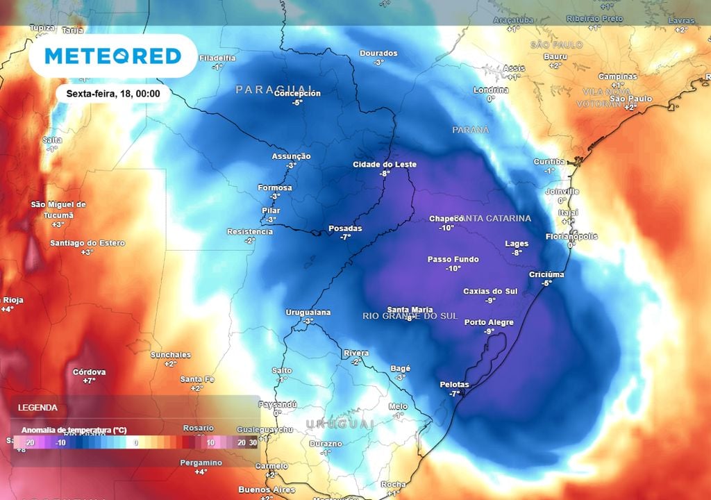 Previsão de anomalias de temperatura a 850 hPa nesta sexta-feira de madrugada. Previsão de anomalias de temperatura a 850 hPa nesta sexta-feira de madrugada.