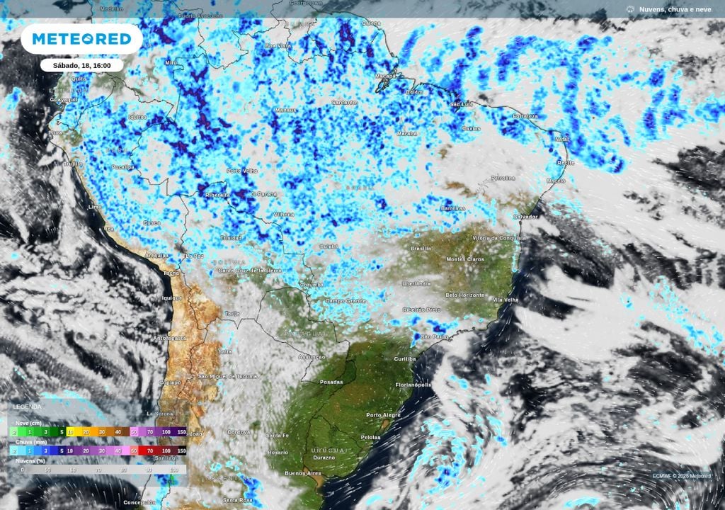 Precipitação e nebulosidade prevista para este sábado (18). Precipitação e nebulosidade prevista para este sábado (18).