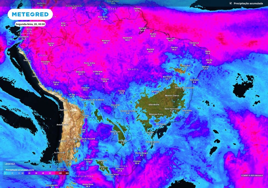 Chuva acumulada. Chuva acumulada até o final da noite de domingo (19).