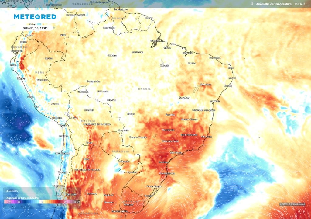 Anomalia de temperatura em 850 hPa. Anomalia de temperatura em 850 hPa para a tarde de sábado (18) mostra a presença de uma massa de ar quente no Sudeste do Brasil.