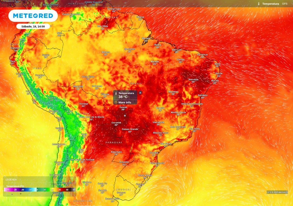 Temperatura Máxima. Temperatura máxima prevista para a tarde de sábado (18), mostra temperaturas que superam os 30°C no Brasil Central.