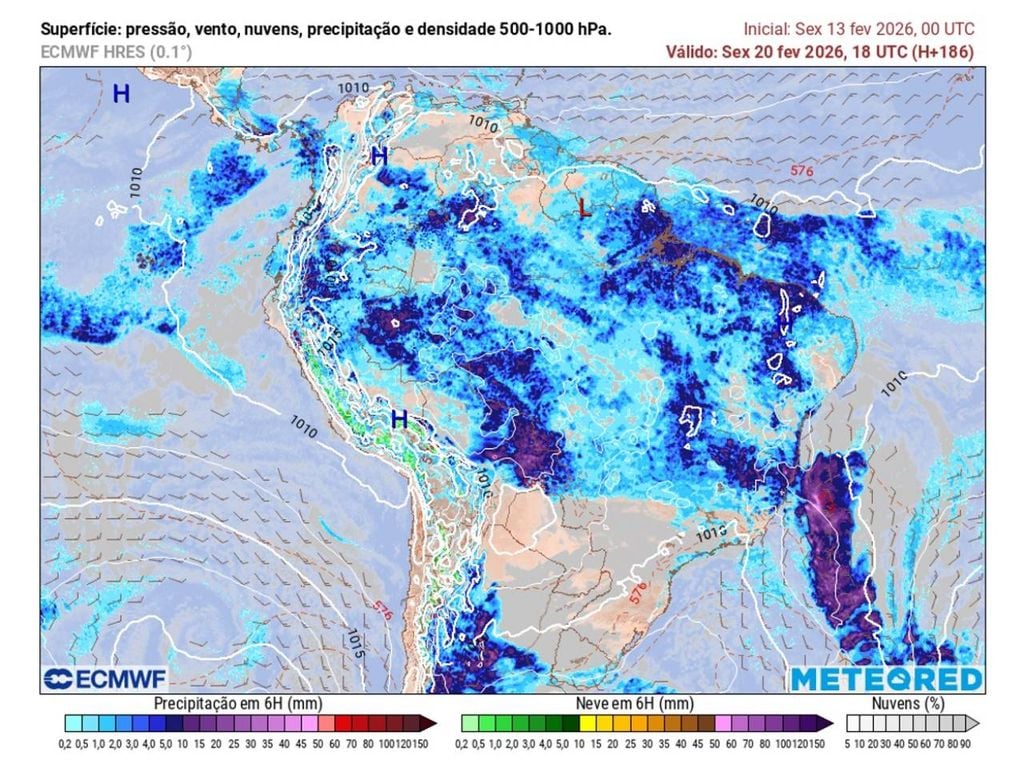 Previsão de precipitação (em mm), nuvens e linhas de pressão para a sexta-feira (20) à tarde (15h), segundo o modelo europeu ECMWF.
