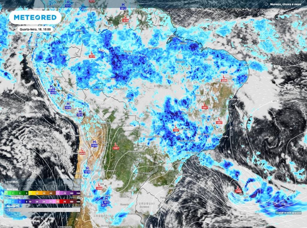 Previsão de precipitação (em mm) para a quarta-feira (18) à tarde (15h), segundo o modelo europeu ECMWF.