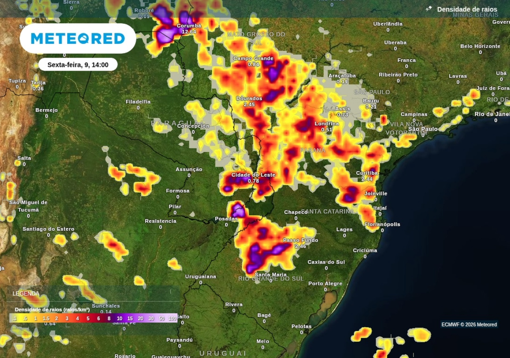 Previsão de tempestades nesta quinta-feira (8), segundo o ECMWF. Previsão de tempestades nesta quinta-feira (8), segundo o ECMWF.