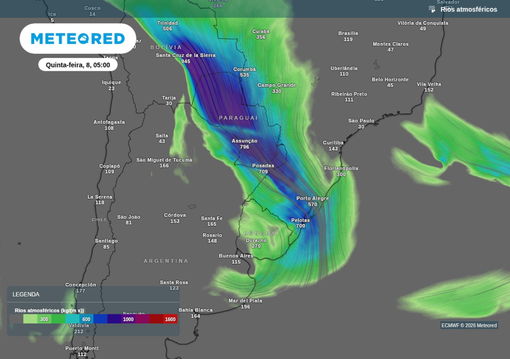 Previsão de rio atmosférico para quinta-feira (8), segundo o ECMWF. Previsão de rio atmosférico para quinta-feira (8), segundo o ECMWF.