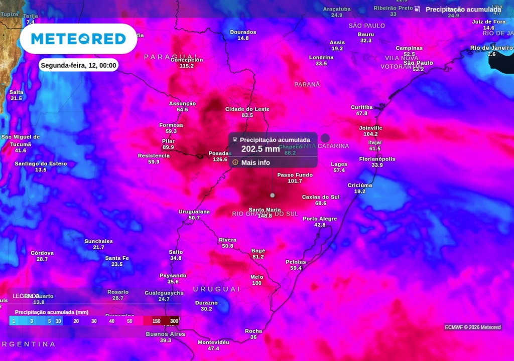 Previsão de chuva acumulada até o final de domingo (11), segundo o ECMWF. Previsão de chuva acumulada até o final de domingo (11), segundo o ECMWF.