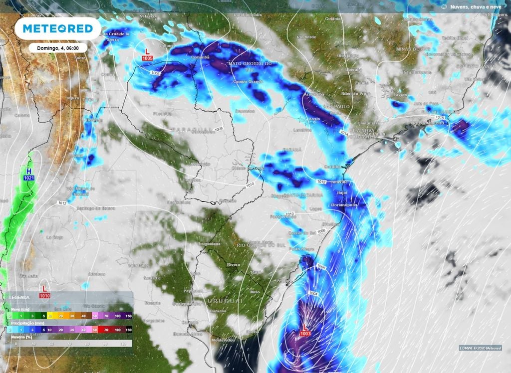 Previsão de pressão a nível médio do mar, nebulosidade e chuva Ciclone extratropical e sua frente fria. Sistema provoca chuvas intensas sobre 5 estados no domingo (4).