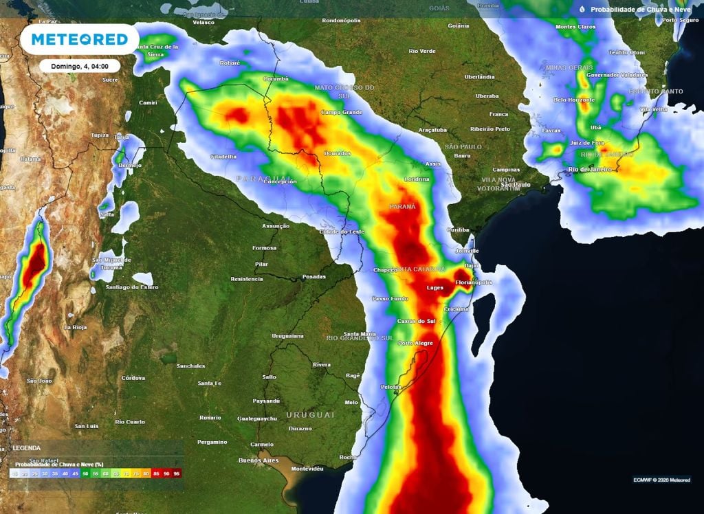 Probabilidade de chuva Previsão da probabilidade de chuva para a madrugada de domingo (4). Mapa mostra a grande área afetada pela frente fria.