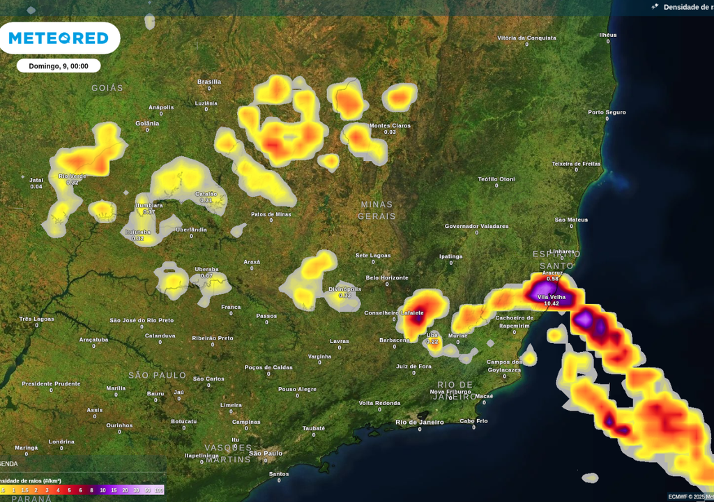 Previsão de tempestades neste sábado (8), de acordo com o ECMWF.