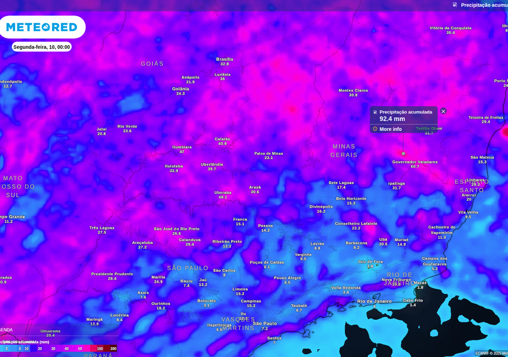 Previsão de chuva acumulada até o fim do domingo (9), de acordo com o ECMWF.