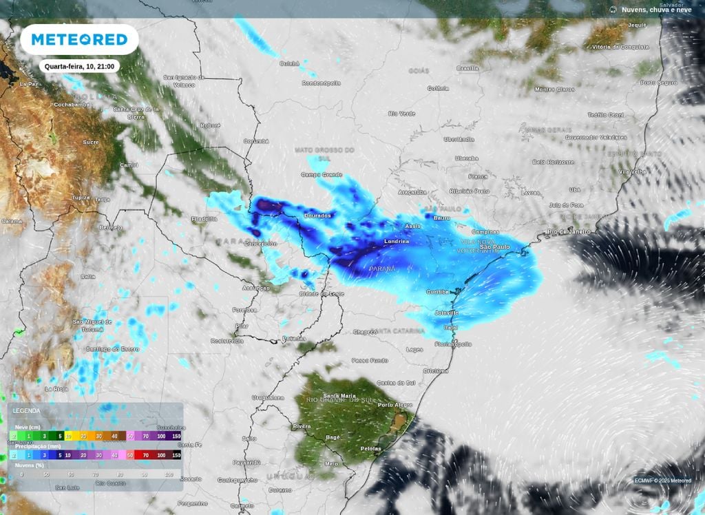 Precipitação e nebulosidade prevista para a tarde desta quarta-feira (10), segundo o modelo ECMWF.