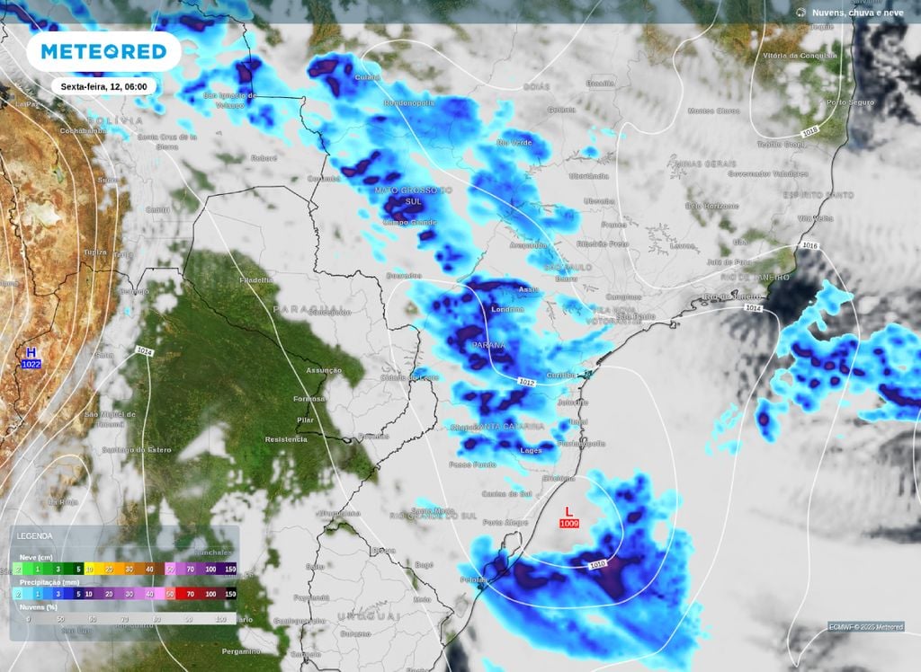 Precipitação e nebulosidade prevista para a tarde de sexta-feira (12) .