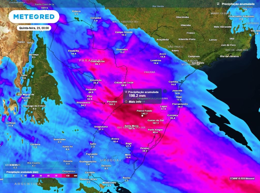 Precipitação acumulada. Mapa de precipitação acumulada mostra cenário de muitas chuvas para o RS e outras áreas do Centro-Sul do Brasil.