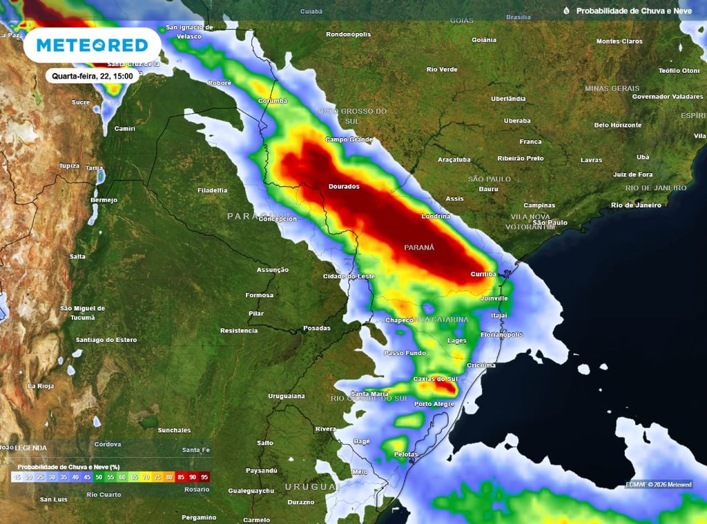 Probabilidade de precipitação. Mapa de probabilidade de chuva para esta quarta-feira (22). A previsão mostra como a frente fria avança pelos próximos dias.
