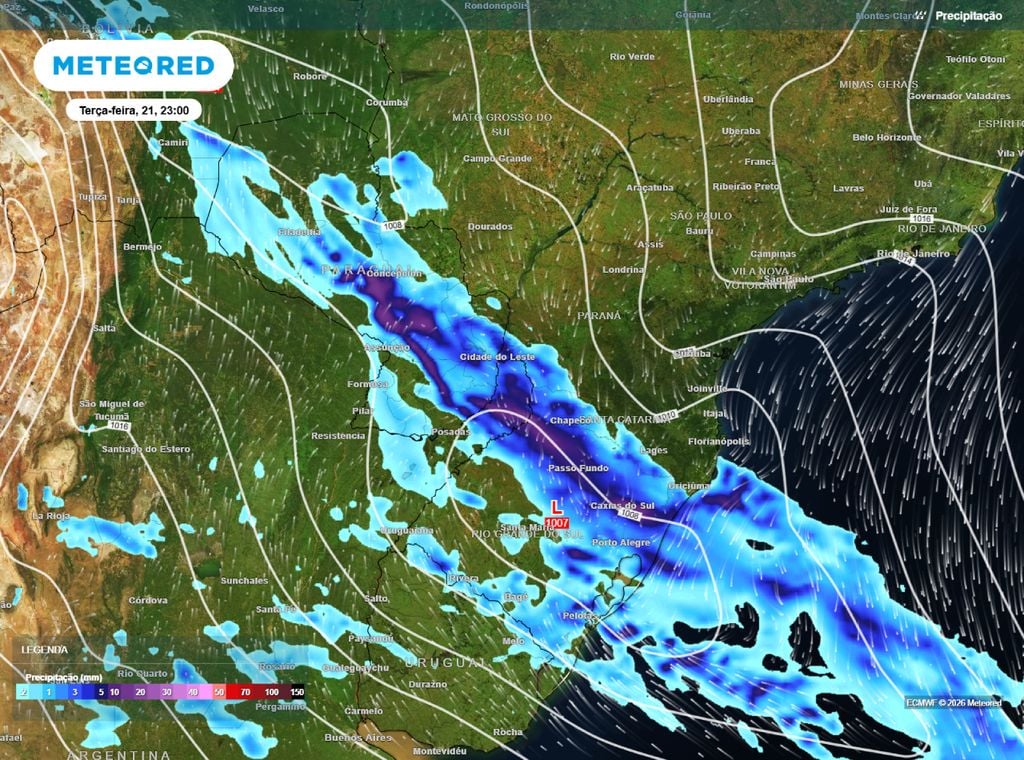 Precipitação. O mapa mostra o ciclone sobre o Sul do Brasil e a sua frente fria que irá avançar por SC, PR, MS e SP.