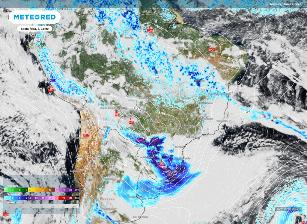 Previsão de chuva, nebulosidade e pressão a nível médio do mar para esta sexta-feira (7).