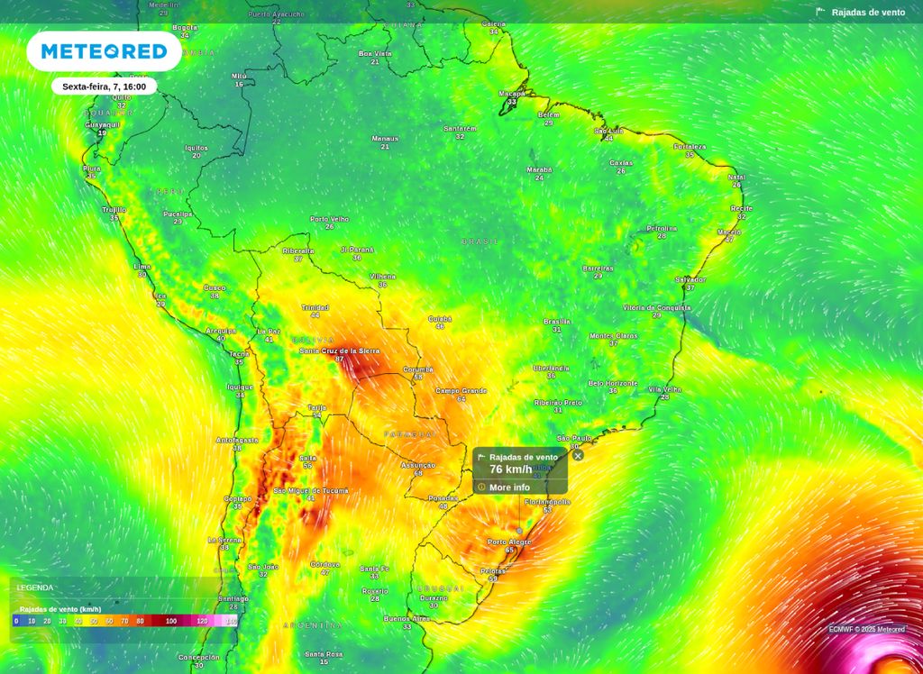 Previsão das rajadas de vento para a tarde desta sexta-feira (7).