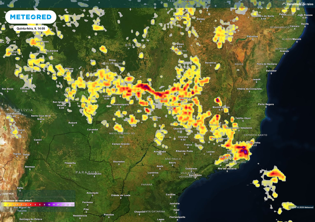 Previsão de tempestades nesta quinta-feira (9), de acordo com o ECMWF.