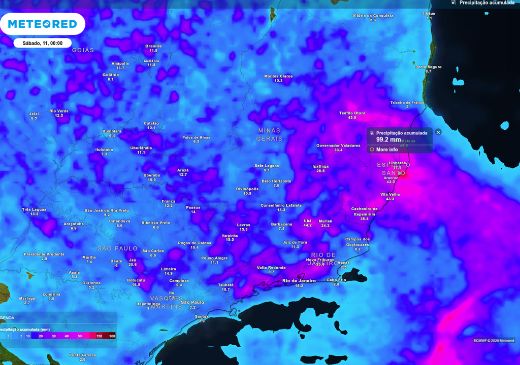 Previsão de chuva acumulada até o final da sexta-feira (10), de acordo com o ECMWF.