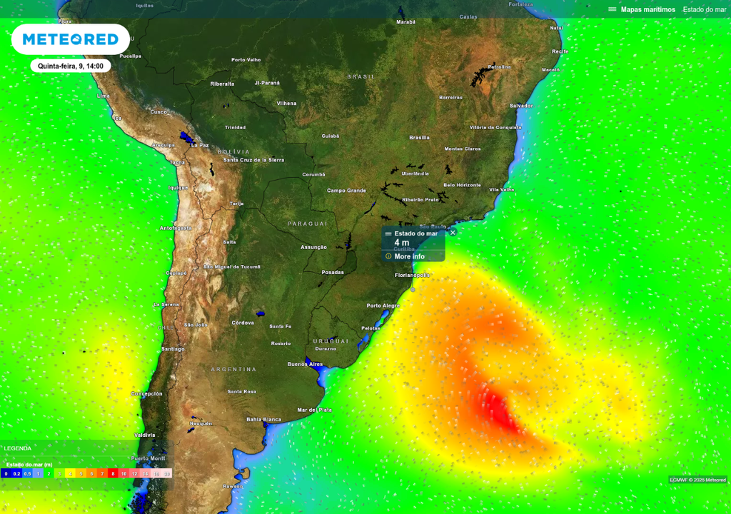 Previsão de altura significativa das ondas nesta quinta-feira (9), de acordo com o ECMWF.