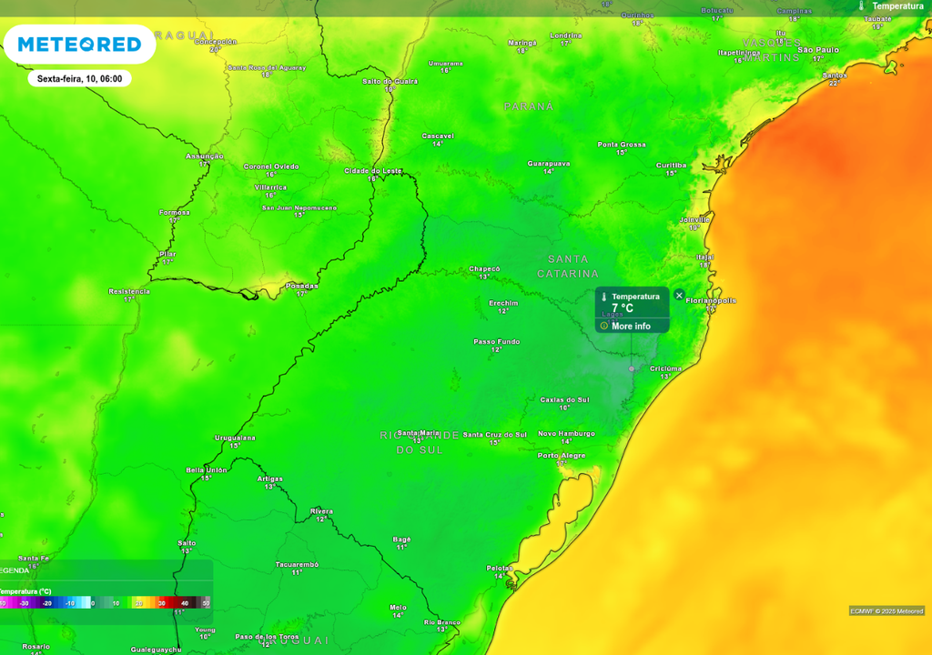 Previsão de temperatura mínima nesta sexta-feira (10), de acordo com o ECMWF.