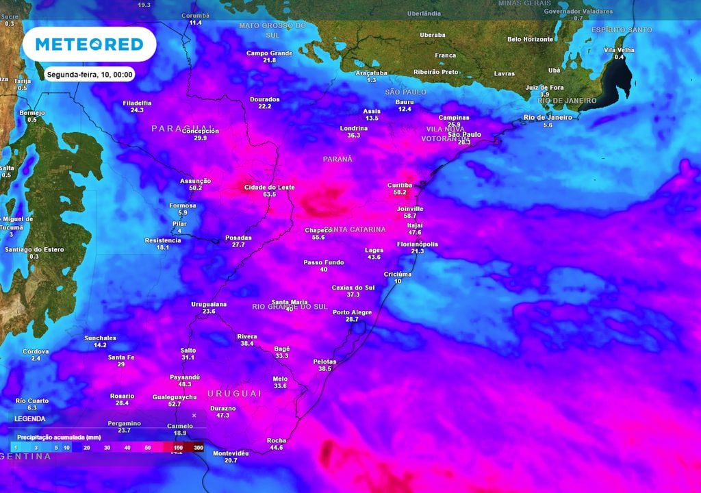 Previsão de acumulados totais de chuva até o final do domingo. Previsão de acumulados totais de chuva até o final do domingo ilustra regiões que serão mais afetadas pela chuva ao longo dos próximos dias, com regiões entre SC e PR registrando até 150 mm.