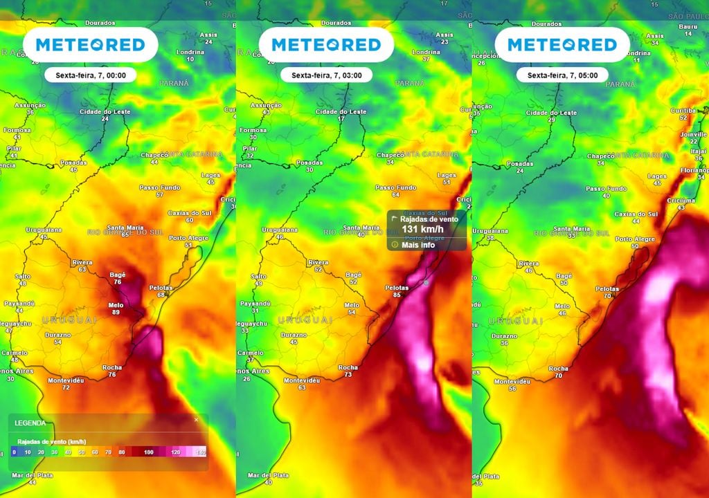 Previsão de rajadas de vento nas primeiras horas da sexta-feira. Previsão de rajadas de vento nas primeiras horas da sexta-feira mostra que já risco de rajadas de vento entre 100 e 150 km/h no sul do Rio Grande do Sul e todo o litoral gaúcho e catarinense.
