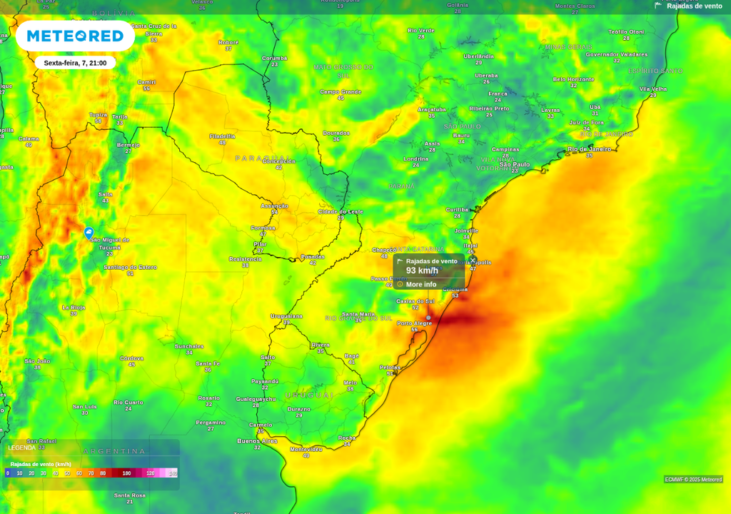 Previsão de rajada de vento nesta sexta-feira (7), de acordo com o ECMWF. Previsão de rajada de vento nesta sexta-feira (7), de acordo com o ECMWF.