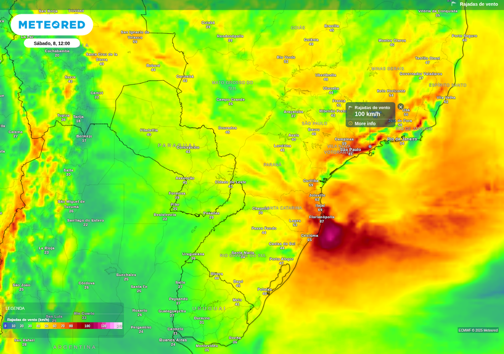 Previsão de rajadas de vento no sábado (8), de acordo com o ECMWF. Previsão de rajadas de vento no sábado (8), de acordo com o ECMWF.