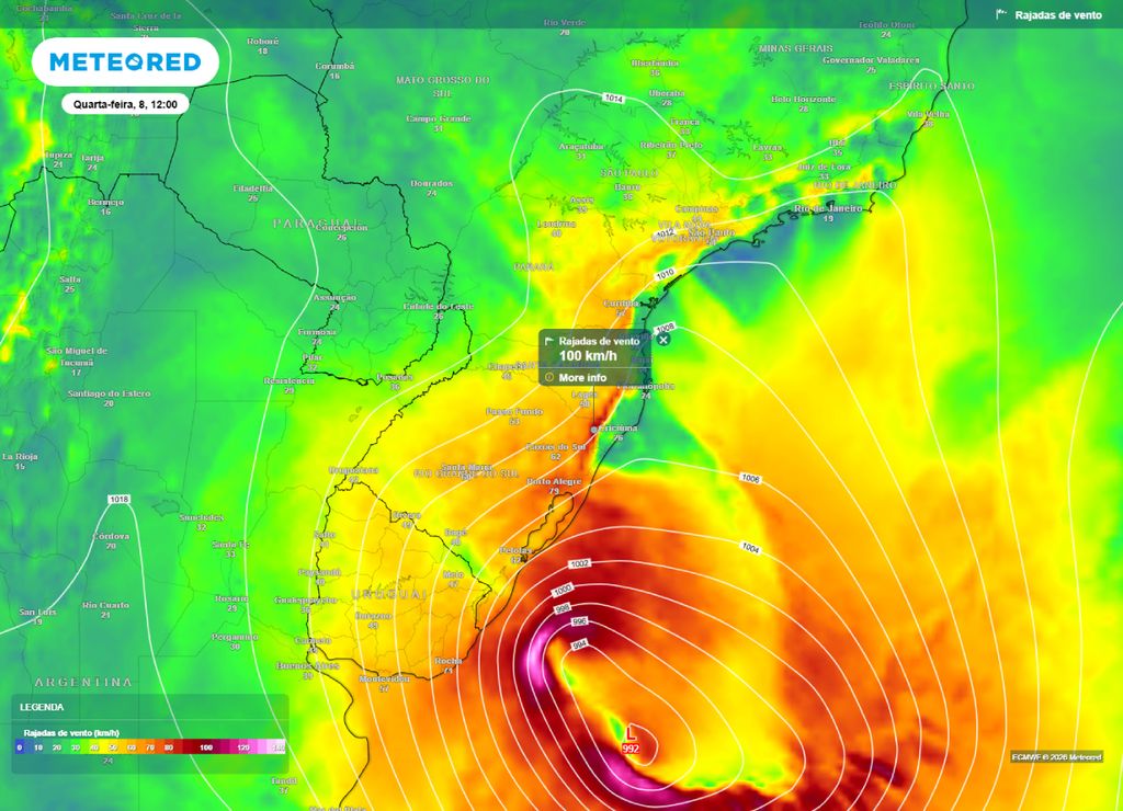 Previsão de rajadas de ventos para o fim da manhã e início da tarde da quarta-feira, 8 de abril.
