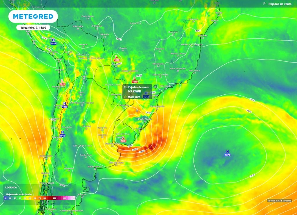 Previsão de rajadas de ventos para a tarde da terça-feira, 15 de abril.