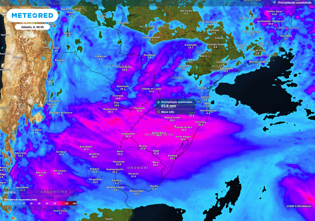 Previsão de chuva acumulada até o final da sexta-feira (7) de acordo com o ECMWF.