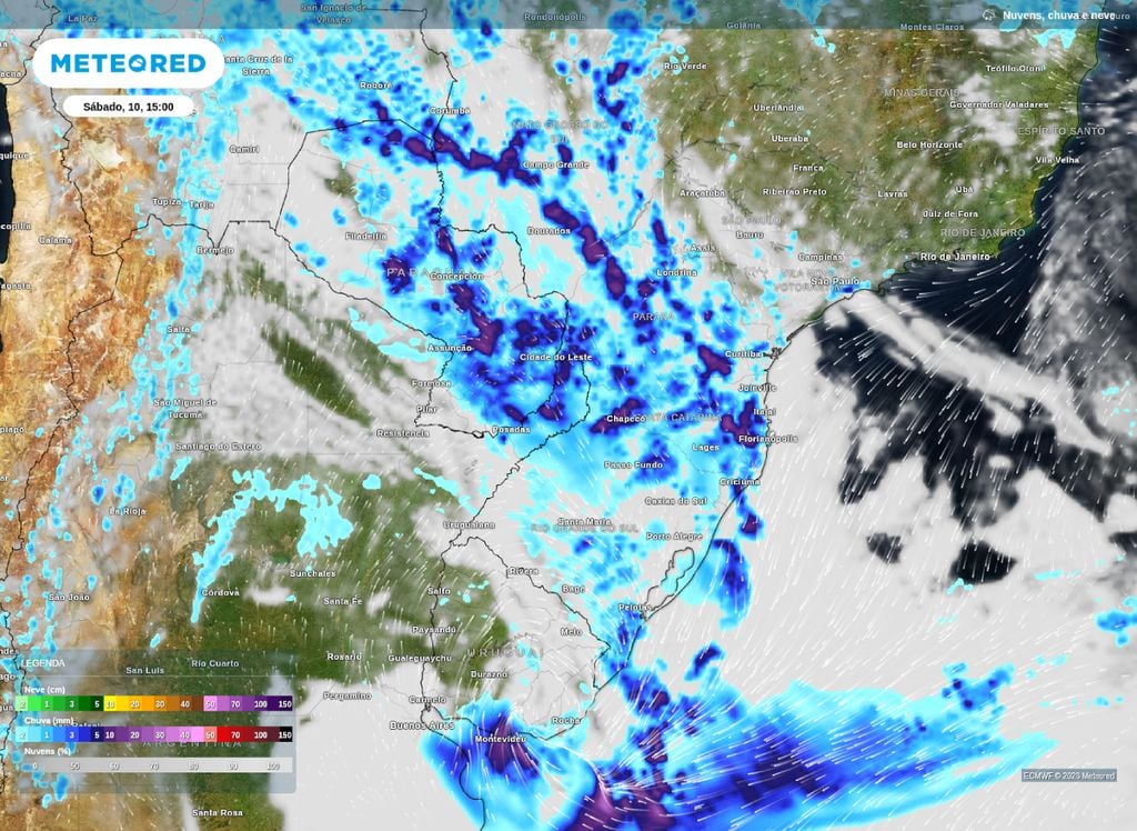 Previsão de nebulosidade e chuva para o MS, PR,SC e RS na tarde deste sábado (10).
