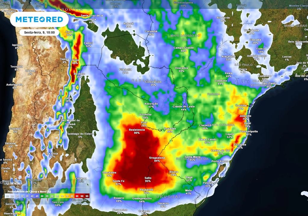 Previsão de probabilidade de chuva na sexta-feira durante a tarde.