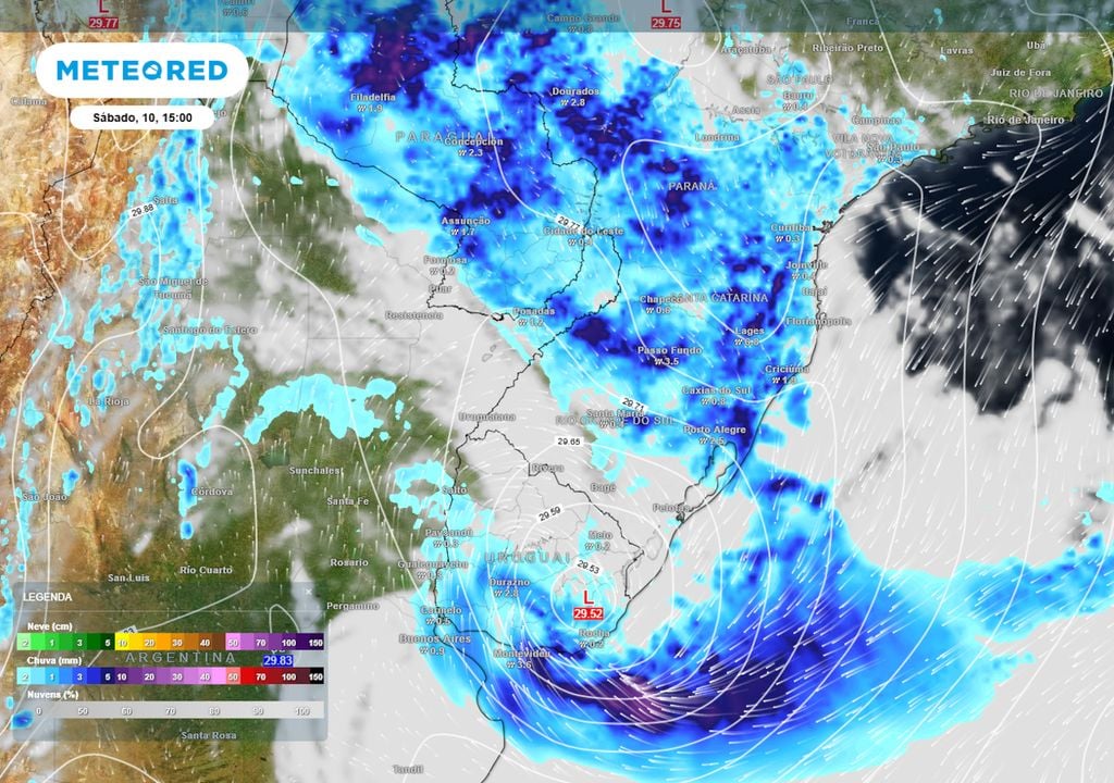 Previsão de pressão, nebulosidade e chuva no sábado durante a tarde.